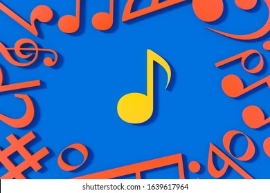 The yellow eighth note melody center and surrounded by many other orange melody on blue background. Melody concept 3D rendering.