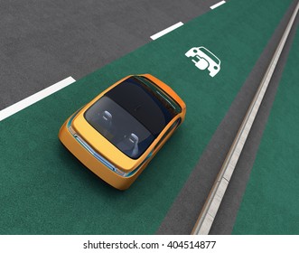 Yellow Electric Car On EV Priority Lane. 3D Rendering Image.