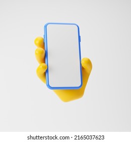 Yellow Emoji Hand Holding Smartphone With Blank Screen Isolated Over White Background. 3d Rendering.