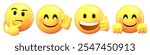 Yellow emojis expressing emotions: thinking, approval, happiness, and shyness. Emoji faces show diverse expressions: thoughtful, okay, thumbs up, shy.  Emoticons isolated on white background.