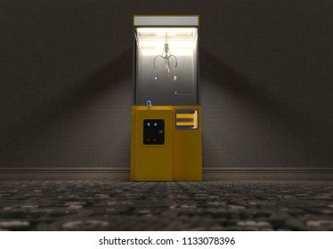 A yellow empty arcade type claw grabber game in a dimly lit vintage room - 3D render