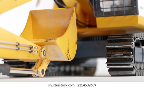 Yellow Excavator On A Light Background. 3d Render, 3d Illustration. Concept Of Digging Into The Ground With An Excavator. Heavy Construction Machinery.