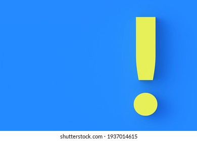 Yellow exclamation mark on blue background. Copy space. Top view. 3d render