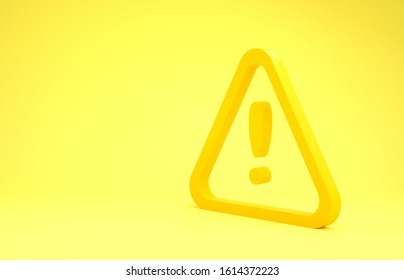 Yellow Exclamation mark in triangle icon isolated on yellow background. Hazard warning sign, careful, attention, danger warning important sign. Minimalism concept. 3d illustration 3D render