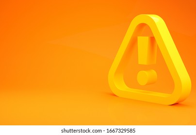 Yellow Exclamation mark in triangle icon isolated on orange background. Hazard warning sign, careful, attention, danger warning important. Minimalism concept. 3d illustration 3D render