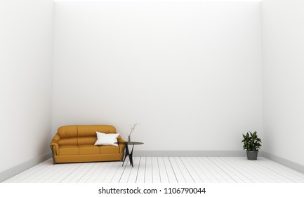 Yellow fabric sofa and plants on empty white wall .3D rendering