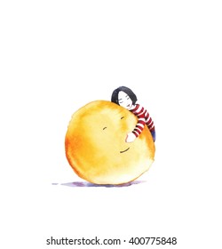 Yellow face with an inspired expression on a white background. Funny happy character.