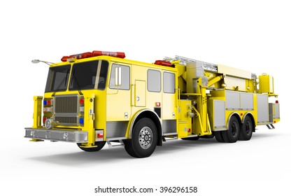 Yellow Firetruck Perspective Front View Isolated On A White Background