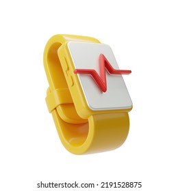 Yellow Fitness Activity Bracelet 3d Rendered Illustration. Sports Smart Watch With Heartbeat Line. Device For Tracking Health Data. 3D Illustration