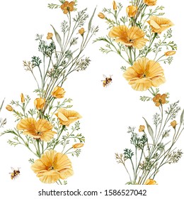 Yellow Flower And Bee Seamless Pattern 