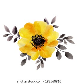 Yellow Flower, Watercolor Painting. Flowers Isolated On A White Background. Raster Version