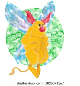 Yellow Fluffy Creature With Dragonfly Wings With A Circle