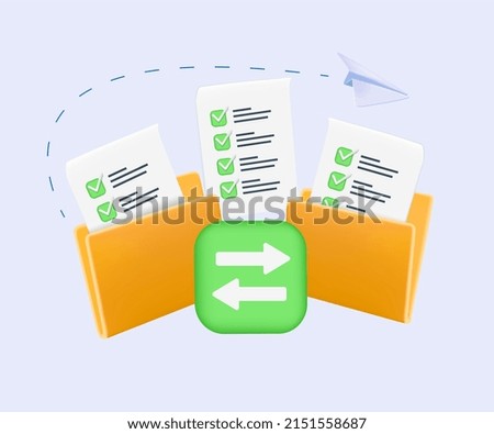 Yellow folder with files. File transfer concept. Yellow folder with document on computer monitor. 3D Illustrations. Copy files, data exchange, backup, migration, file sharing. 3D free to edit