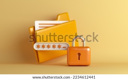 Yellow folder files padlock cartoon style, data security concept, 3d rendering illustration