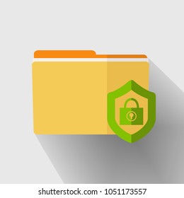 Yellow folder with green locked lock icon. File data center security