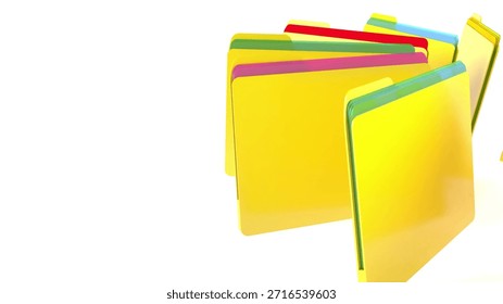 Yellow folder icon with document files inside, modern 3D design for digital interfaces and desktop applications 3d render