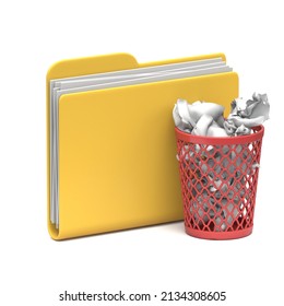 Yellow Folder Icon Full Recycle Bin 3D Rendering Illustration Isolated On White Background