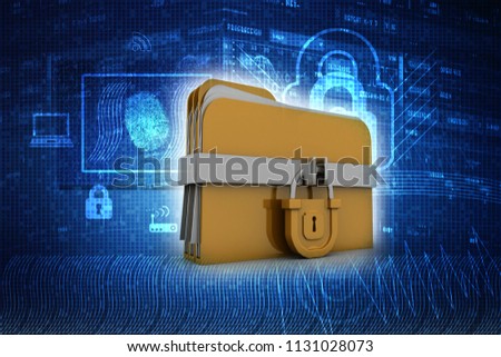 Yellow folder and lock. Data security concept. 3D rendering
