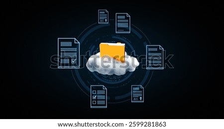 Yellow folder on cloud with floating digital documents, futuristic design, dark background. Concept of cloud data storage and document management. 3D Rendering