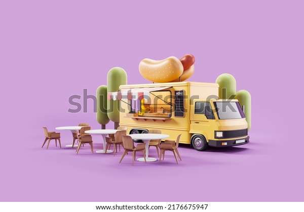 Yellow food truck with hot\
dog on a rooftop, side view, armchair with table. Cooking and\
eating area outside, purple background. Concept of street cafe. 3D\
rendering