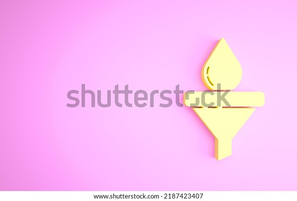 Yellow Funnel or filter and motor oil drop icon\
isolated on pink background. Minimalism concept. 3d illustration 3D\
render.