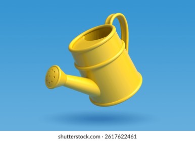 Yellow garden watering can. 3d image of garden tools for watering plants and seedlings. A cartoon-style garden tool