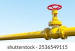 Yellow gas pipe. Pipeline for oil transportation. Gas pipe with red valve. Oil pipeline under blue sky. Pipe for gas import. Gasoline pipeline. Energy infrastructure. Propane, methane. 3d image