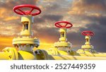 Yellow gas pipe at sunset. Fuel supply pipeline. Pipe for transporting energy resources. Pipeline with red valves to stop gas supplies. Oil equipment. Gas pipe in open air. 3d image.