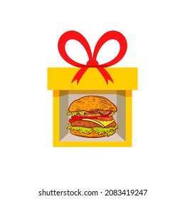 yellow gift box with burger in it isolated on white background, bright colors. - Powered by Shutterstock