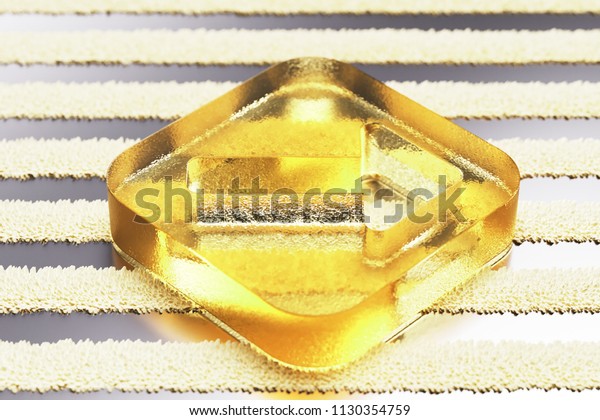 Yellow Glass Arrow in\
Square Icon on the Silver Stripe Pattern. 3D Illustration of Yellow\
Arrow, Down, Download, Up, Up Arrow Icon Set With Fur Striped\
Silver\
Background.