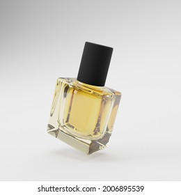 Yellow glass perfume bottle with a black cap on a white background. Floats in the air. With shadows. 3D illustration