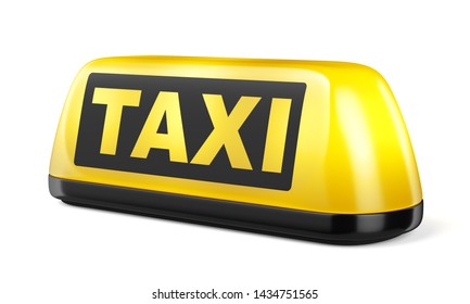 Yellow glowing taxi automobile sign isolated on white background. 3D illustration