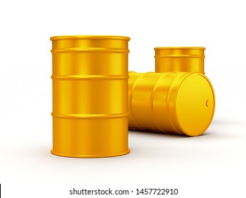 Yellow gold oil barrels isolated on white background. Realistic 3d render