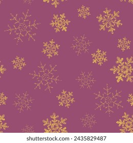 Yellow, gold snowflakes seamless pattern, purple background. Flying snow. Winter abstract Christmas and new year backdrop. illustration Eps 10. - Powered by Shutterstock