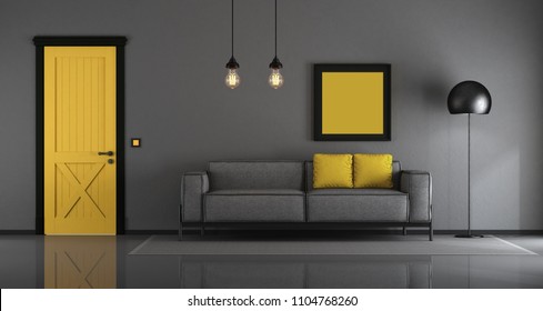 Yellow and gray minimalist living room with sofa and closed door - 3d rendering