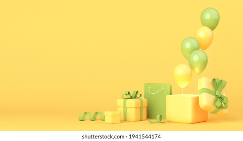 Yellow and green composition with gift boxes, balloons and shopping bag. 3d rendering