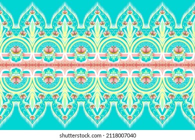 Yellow, Green, Pink Flower On Blue Teal. Geometric Ethnic Oriental Pattern Traditional Design For Background,carpet,wallpaper,clothing,wrapping,Batik,fabric,  Illustration Embroidery Style.