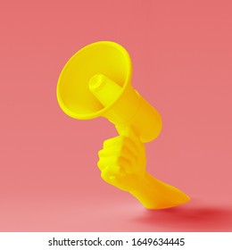 Yellow hand holding Megaphone on red background. Isolated loudspeaker announcement and sale creative banner concept. 3d rendering.