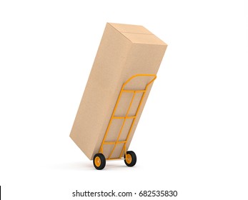 Yellow Hand Truck with large cardboard box on white background, packaging for household refrigerator, 3d rendering
