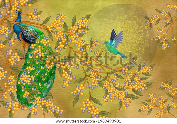 Yellow hanging branch wallpaper,wall art ,birds art