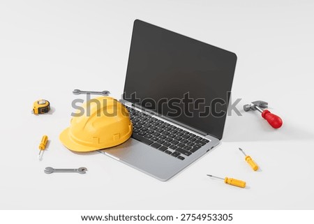 Yellow hardhat, laptop and assorted tools shown in realistic style on light background, concept of maintenance and repair software 3D Rendering
