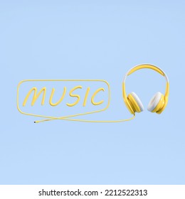 Yellow Headphones And Music Lettering With Wire On Blue Background. Concept Of Songs And Playlist. 3D Rendering