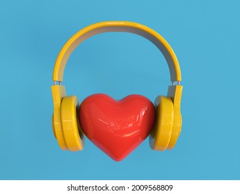 Yellow headphones with red heart sign in the middle on blue background. Love music concept. Trendy 3d illustration.