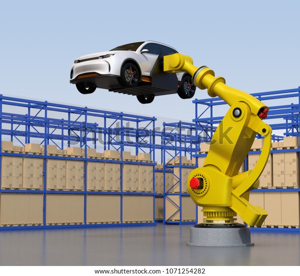 Yellow heavyweight robotic arm\
carrying white SUV in the assembly factory. 3D rendering\
image.