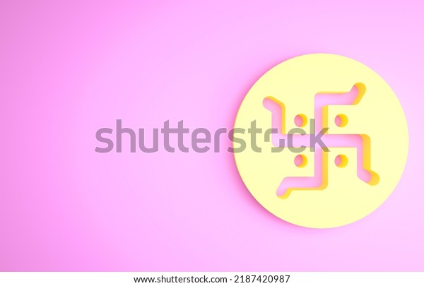 Yellow\
Hindu swastika religious symbol icon isolated on pink background.\
Minimalism concept. 3d illustration 3D\
render.
