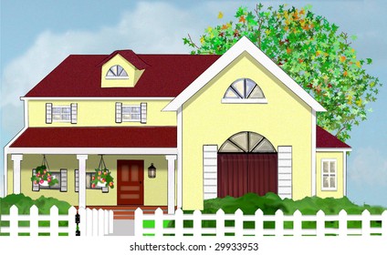 Yellow Home House With Tree And White Picket Fence