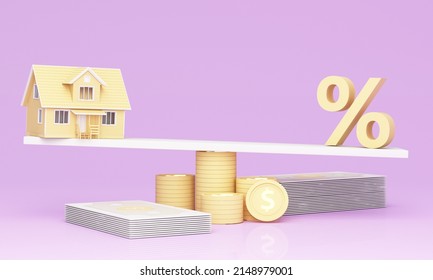 Yellow House with percent discount weighed in the balance Real estate home. Credit percentage symbol. deposits and digital money in the concept of financial stability and growth. realistic 3d render 