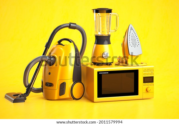 Yellow household appliances on yellow\
background. Set of home  technics. 3d\
illustration
