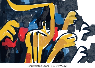 Yellow Human Body With Big Hand Up His Arm. Neo Expressionism Art Style With Late Modernism Art. Art For Print And Wall Art Decoration.