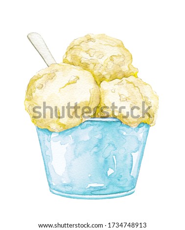 Yellow ice cream in blue cup with spoon isolated on white background. Watercolor hand drawn illustration